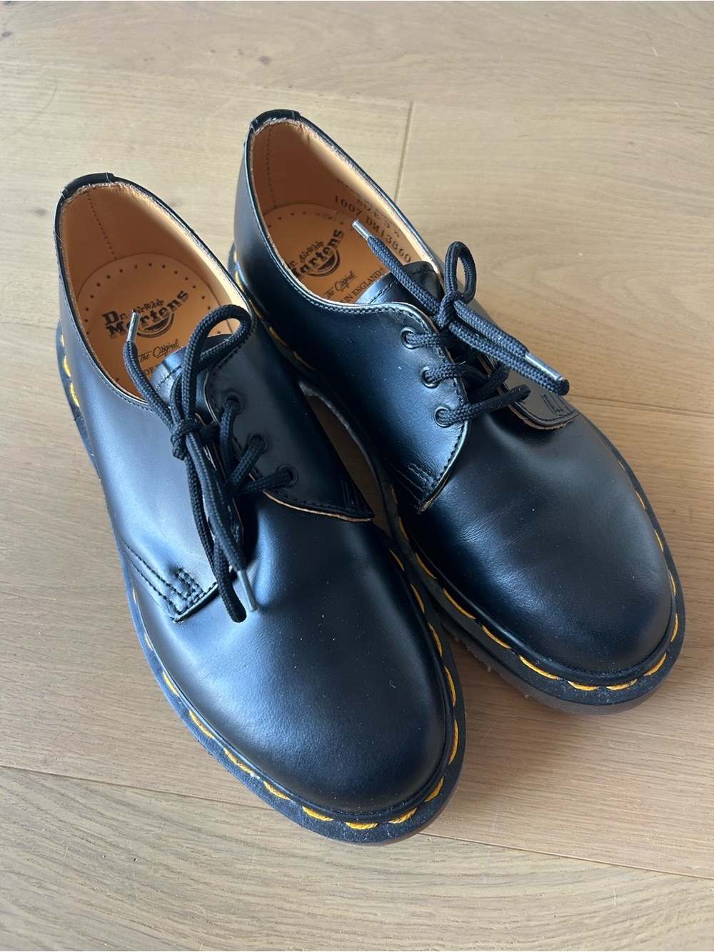Dr. Martens Black Kids 3-Eye Oxford with Yellow Stitching - MADE IN ENGLAND